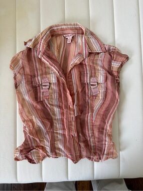 Guess Striped Short-Sleeve Button Shirt in Pink and Cream